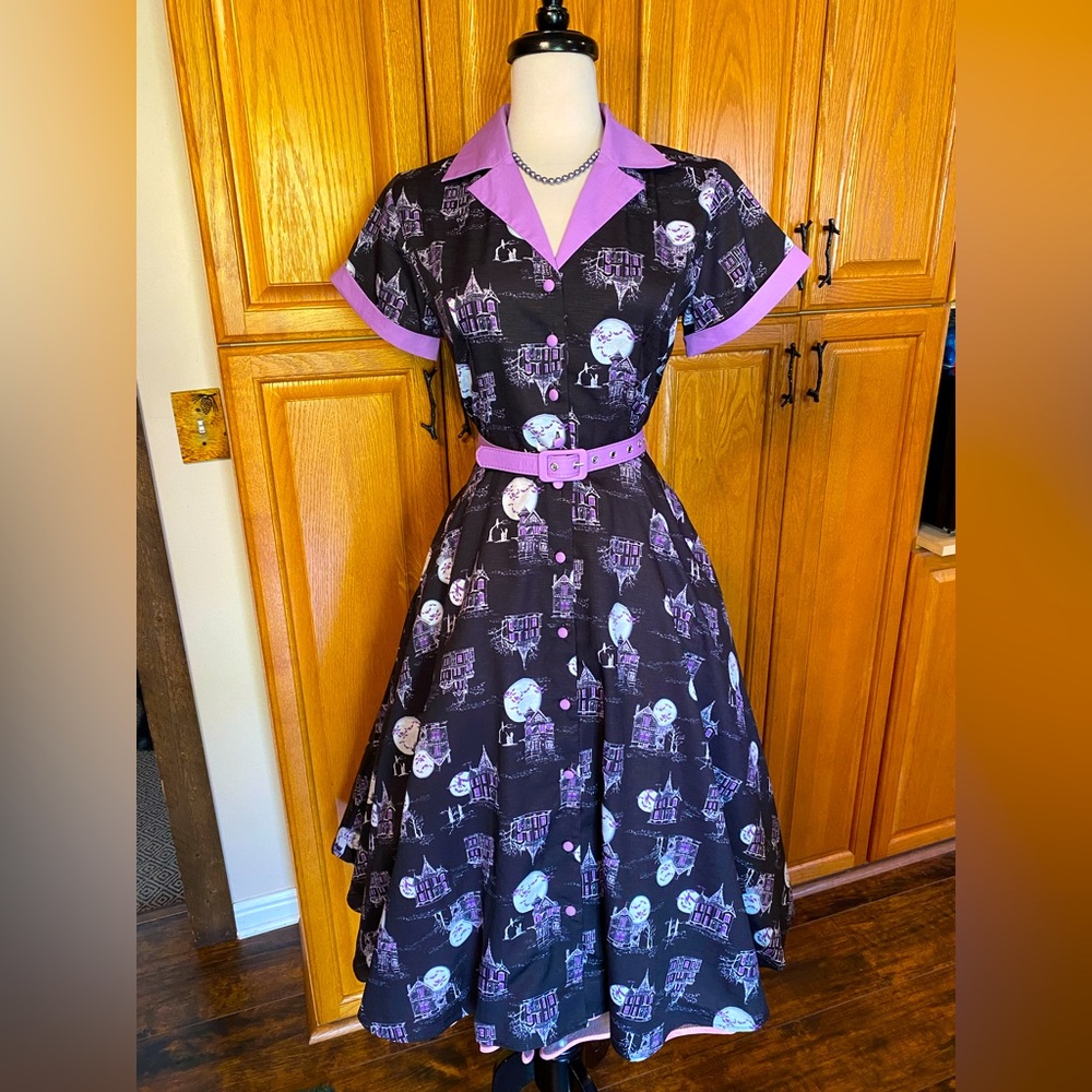 π HAUNTED HOUSE HALLOWEEN PINUP SWING DISNEY HOUSEWIFE DRESS NWT - Picture 3 of 11